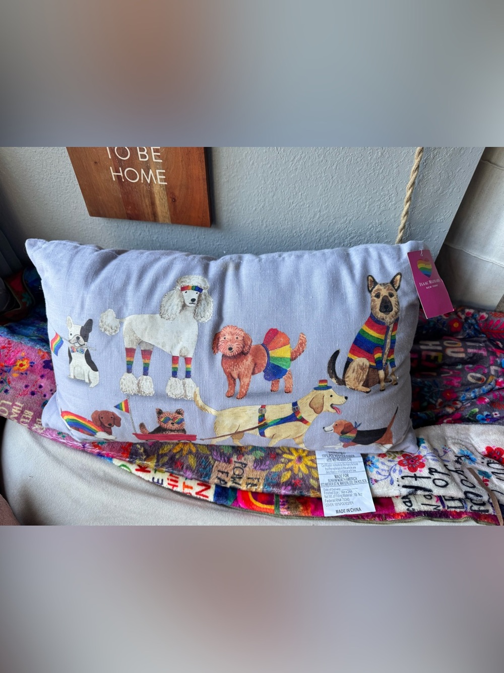 NWT Isaac Mizrahi Rainbow Dog Throw Pillow - Light Purple Background